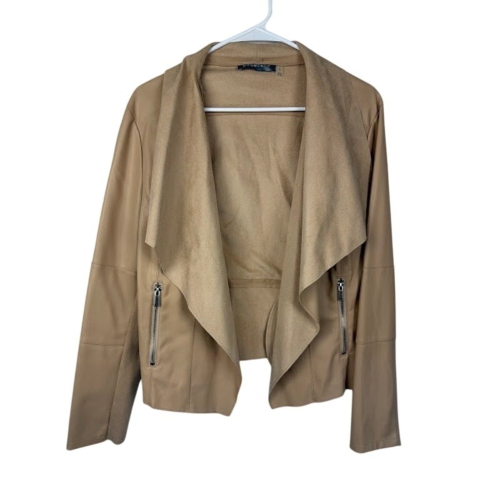 Bagatelle Tan Faux Leather Draped Open Front Moto Jacket Women's L
